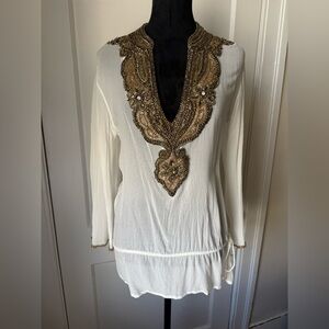 Boston Proper White Tunic with Gold Beaded Embellishment